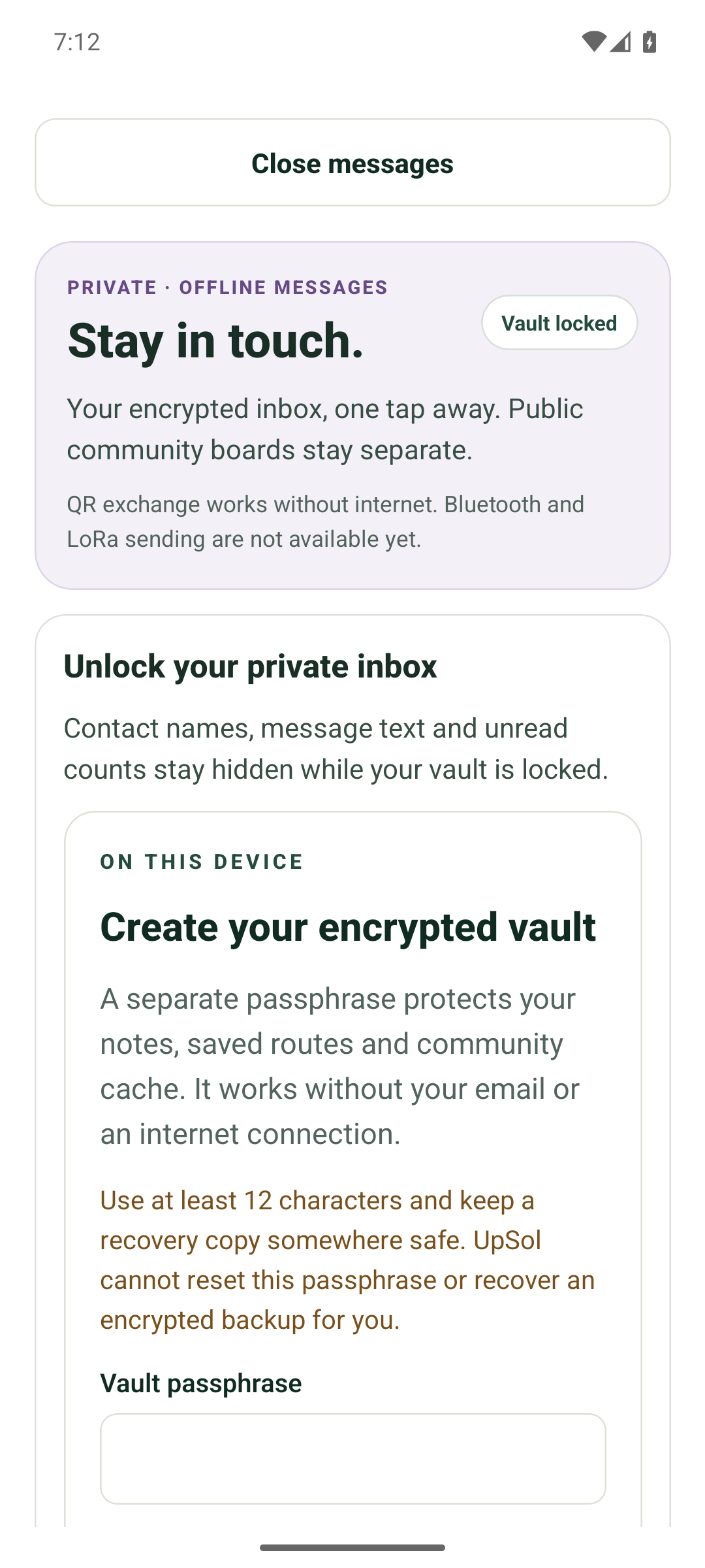 Prepper Android development screen showing the locked private messaging inbox