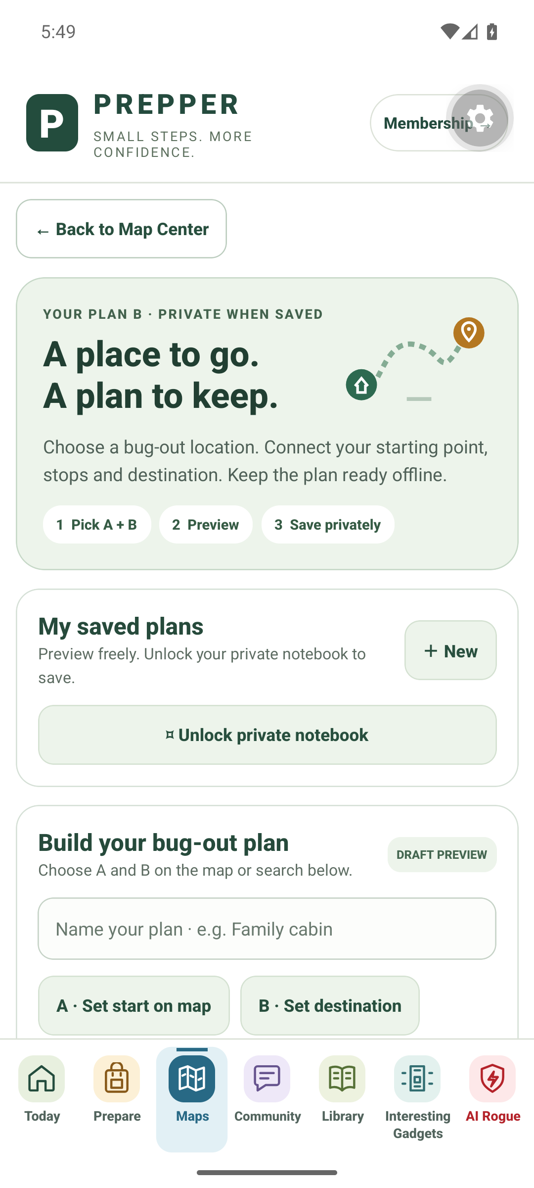 Real Prepper Android development screen showing destination planning and all seven app tabs